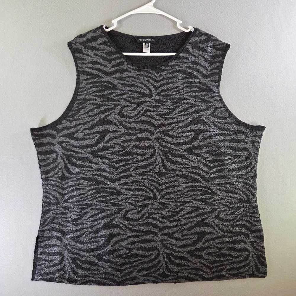 Ming Wang Womens 2X Gray Black Zebra Print Crinkle Textured Sleeveless Tank Top